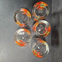 VTG Block Poinsettia 8oz Old Fashioned Glasses Set 5 Tumblers Mary Lou Goertzen