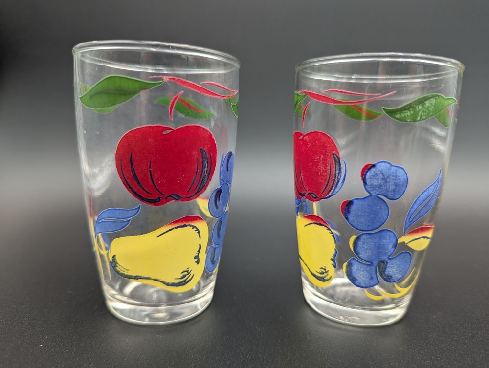 Juice Glasses Fruit Pattern Pear Apple Blueberry Safe Edge Set of 2 Vintage