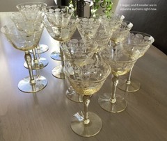 Set (8) Antique/Vintage GOLD/YELLOW Etched Crystal Glasses, Cordial/Liquor