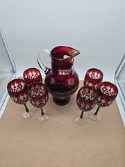 Bohemian Cut To Clear Crystal Pitcher with 6 Glasses Stunning
