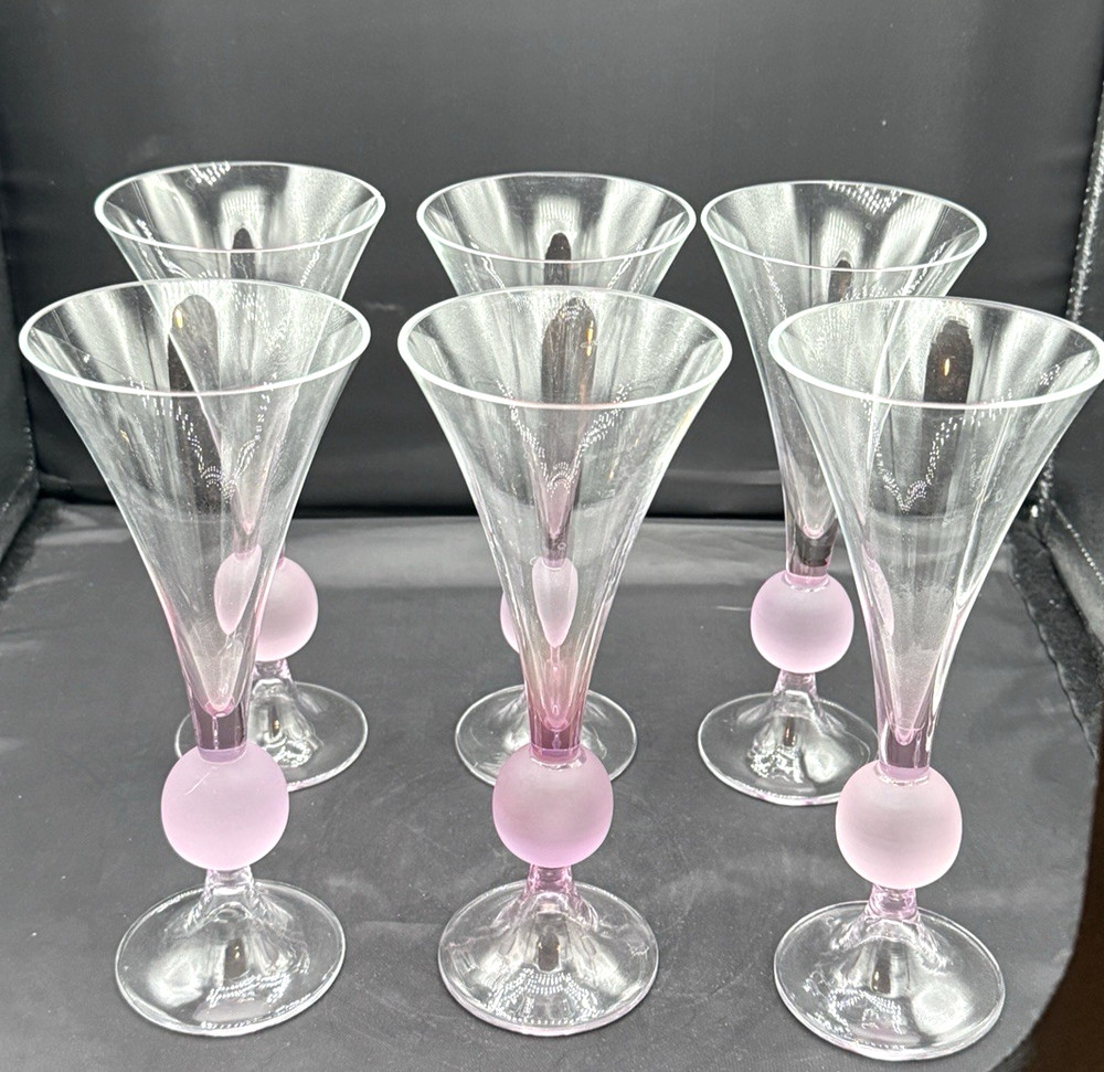 Set of 6 Purplish Pink Ball Stemmed Champagne Cocktail Drink Barware Glasses