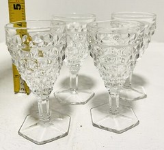 4 Vintage Clear Glass American Fostoria Hexagon Base Stem Wine Juice Glasses