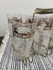 Anchor Hocking 8 Butterprint Glasses With Caddy Amish Horse Carriage MCM Vintage