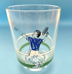 1987 Artmark Tennis Players 8-Pc Barware Set- Ice Bucket, 6 Glasses, Racket Tray