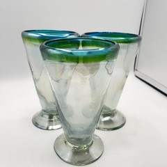 Three Hand Blown Stemware V-Shaped Glasses All Iridescent Green & Blue Band