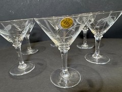 6 Pc Vintage Crystal Etched Sasaki Wheat Martini Glasses Coupe Set of 6