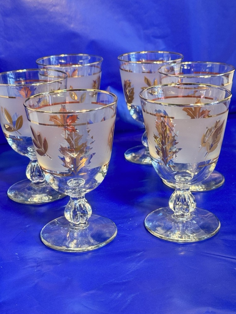 Set of 6 Vintage Libby Frosted Water Goblets with Gold Leaves And Gold Rim