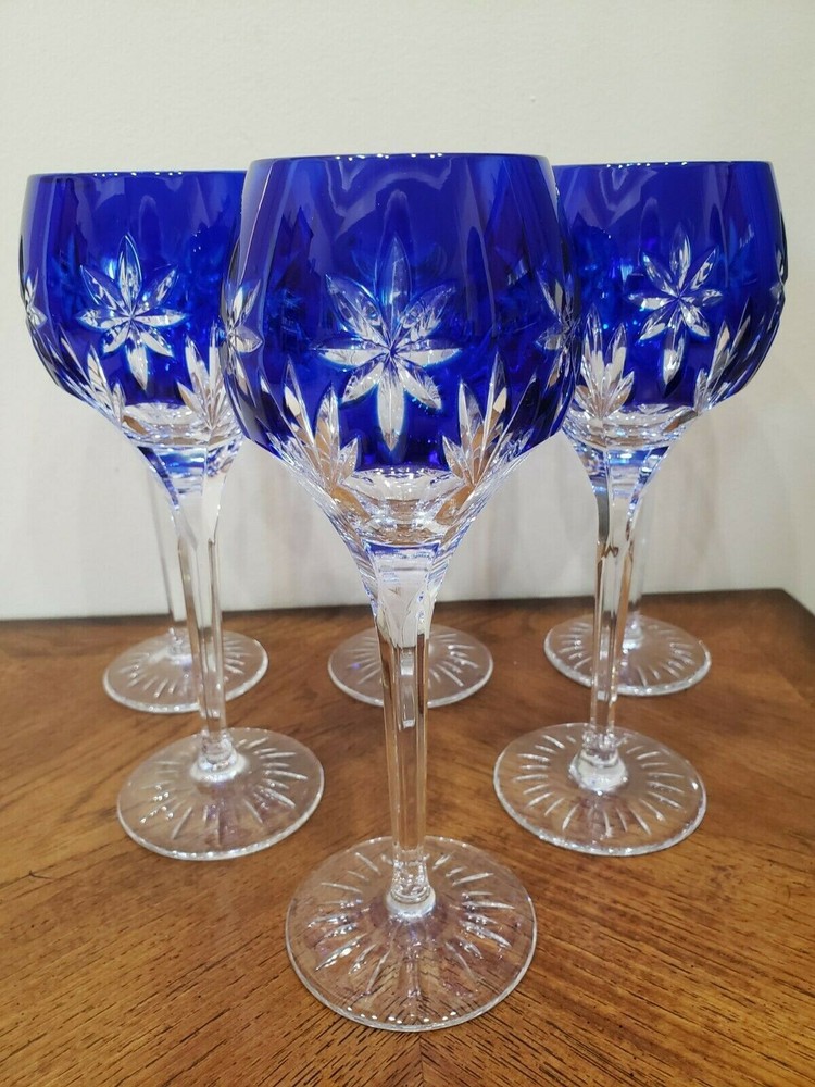 H&B STARS OF MIDNIGHT COBALT BLUE CUT TO CLEAR BOHEMIAM SET OF 6 WINE GLASSES