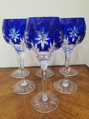 H&B STARS OF MIDNIGHT COBALT BLUE CUT TO CLEAR BOHEMIAM SET OF 6 WINE GLASSES