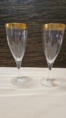 Vintage Gold Rim Champagne Flutes Trumpet V Shape Pulled Stem Glasses Set 2