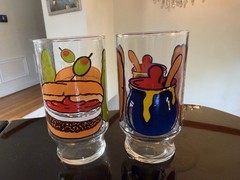 Vtg Hand Painted Food Theme Pedestal Glasses Burger Martine Olive Bistro Barware