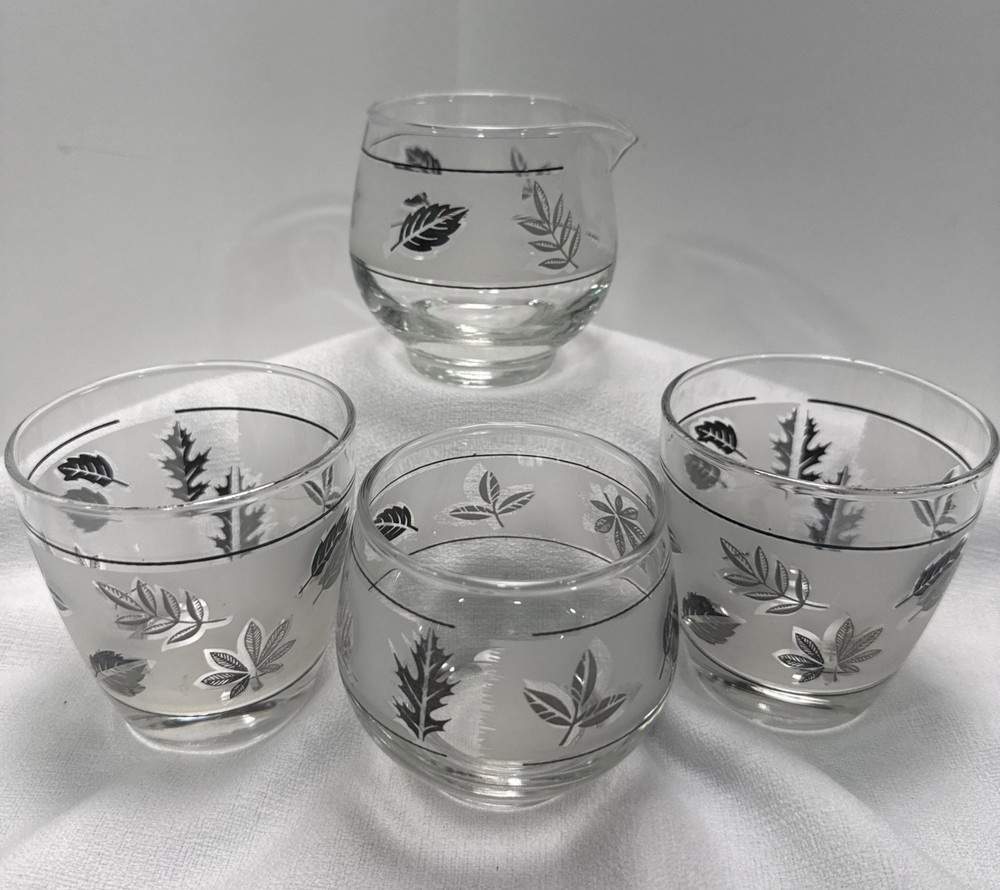 LIBBEY MCM Silver Leaf  2 Barware Glasses Vtg 1960s & Sugar And Creamer Set Vtg