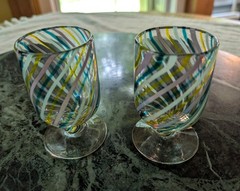Two Cordial Apertif Juice Short Stem 4 Oz Hand Blown Glasses Colorful Swirls 4″