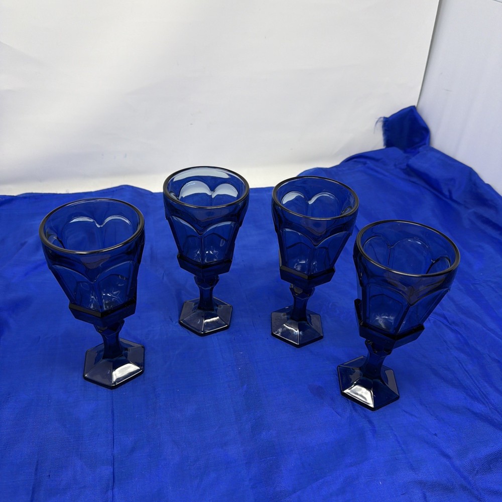 Vtg. Set of 4 Fostoria Virginia Dark Cobalt Blue Claret Wine Goblet 6 5/8″ NICE!