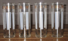 4 Vintage Federal Glass Barware Tom Collins Gold Black Snowflake White Stripes