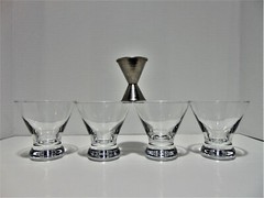 4 Clear Glass Cosmopolitan Glasses Saturn Optic Ripple Double Jigger Mid-Century