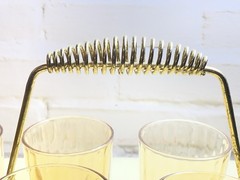 Vintage Set of 8 Blush Tumblers w/ Brass Tone Carrier Mid Century MCM Barware