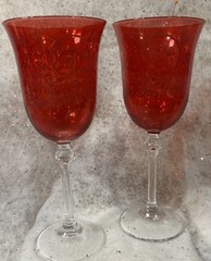 2 Ruby Red Flash Painted, Scroll Design Print, Crystal Detail Stem Wine Glasses
