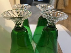 Mid Century Emerald Green Glass Goblets Clear Scalloped Foot Set of 4