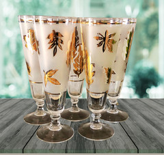 Vintage Libbey Frosted Gold Leaf Pilsner Glass MCM Barware 12 oz (2 Available)