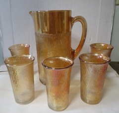 Tree Bark Carnival Glass Marigold Pitcher Juice Tumblers 4.5″ Jeanette Imperial
