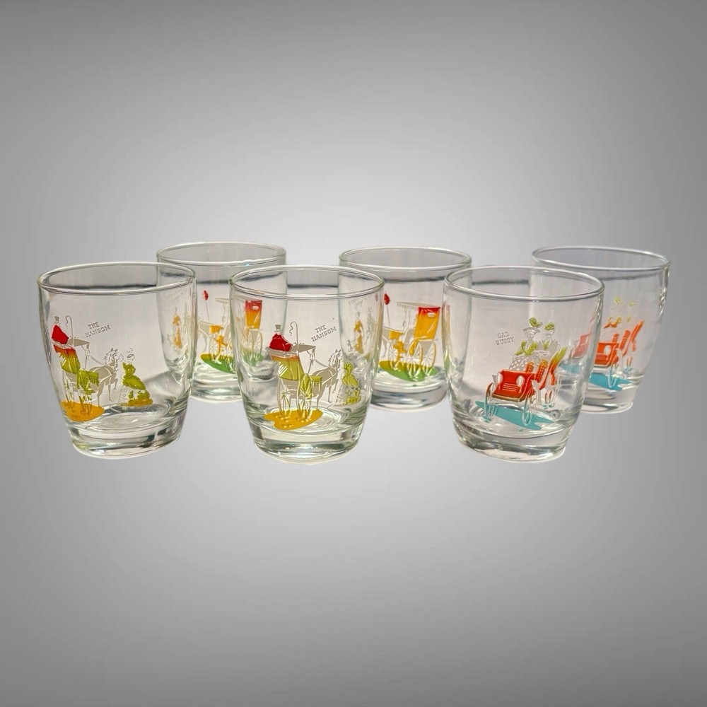 Vintage Anchor Hocking Set Of 6 Transportation Scenes Low Ball Rocks Glasses