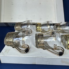 Greek Key Continental Cup Set of 8 by Libbey MCM 60s Art Deco Gold Metal Mugs