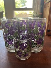 Set Of 7 Libbey Glasses Vintage Tumblers Purple Violet Flowers Green Leaves – 5″