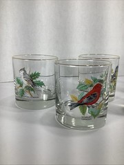 5~Vtg West Virginia Glass Co Songbirds Small Rocks Glasses Gold Trim