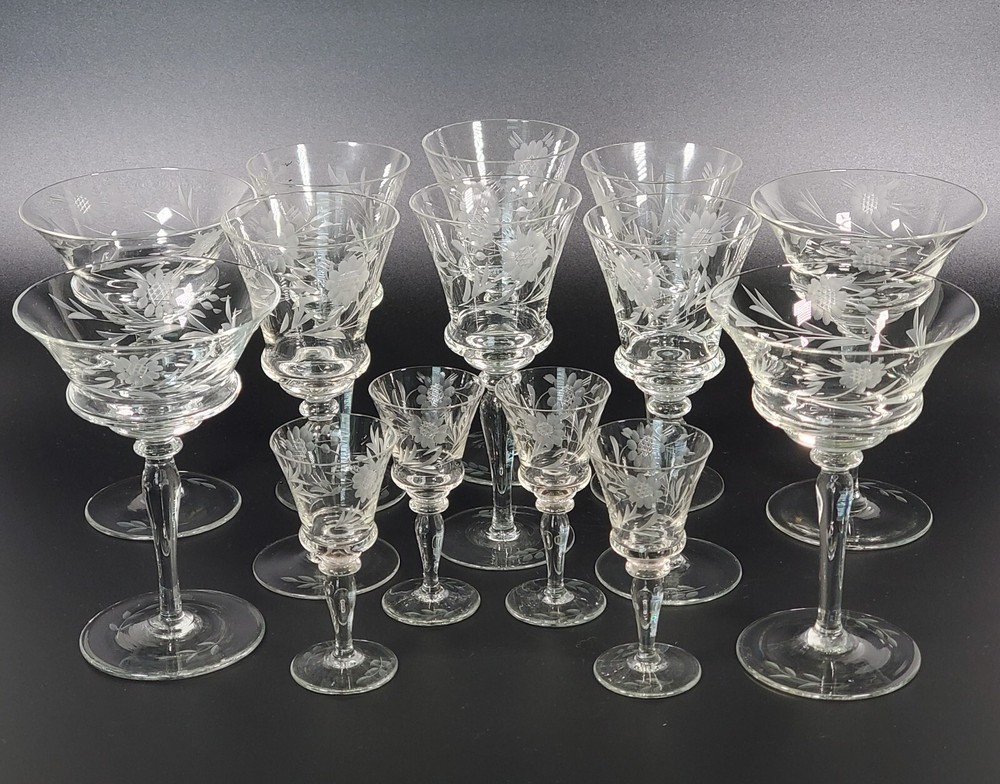 14-PC Vintage Engraved Glassware Set Sunflower & Leaf Design & Baluster Stem