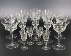 14-PC Vintage Engraved Glassware Set Sunflower & Leaf Design & Baluster Stem