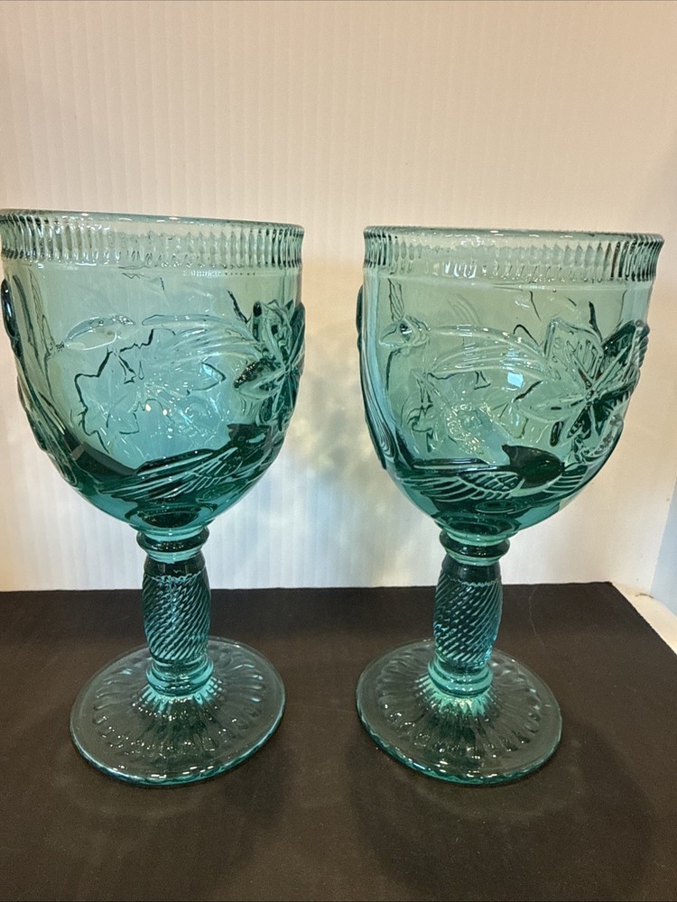 Water / Wine Glasses Embossed Hummingbird Teal Green Set of 2