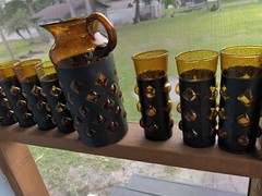 Vintage Mexican Imprisoned Pitcher 7 Glass Tumblers Felipe Derflinger