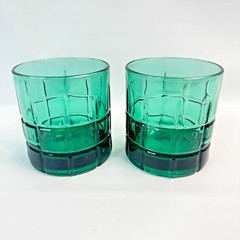 Vtg 2 Anchor Hocking Tartan Emerald Green Old Fashioned/Whiskey Rocks 3.5″ Glass