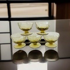 (5) Vintage Morgantown CRINKLE GLASS Light Olive Tall Sherbet Coups Glasses