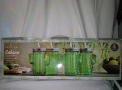 4 Crofton Cabana Green Glass Cactus Sippers Lidded Jar Glasses W Drinking Straws