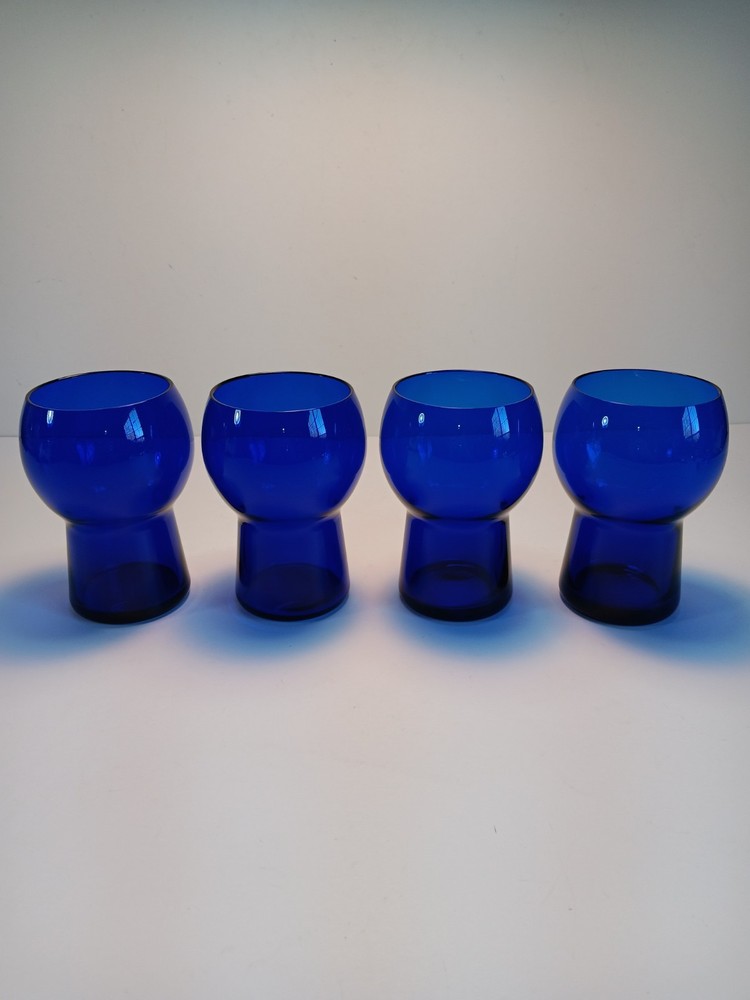 Lot of 4 VTG MCM Cobalt Blue Flat Tumblers Mushroom Shaped Glasses 🔥