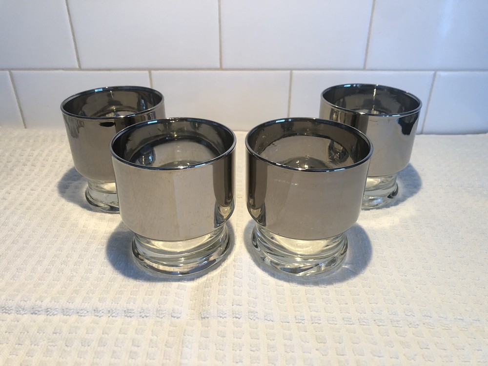 4 Vtg MCM Dorothy Thorpe Wide Silver Band Stack Glasses Barware Tumbler Low Ball