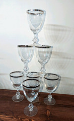 7-Piece Lot-Beautiful 1960’s? Water Goblet Glasses-Double Platinum Rim 6 1/2″