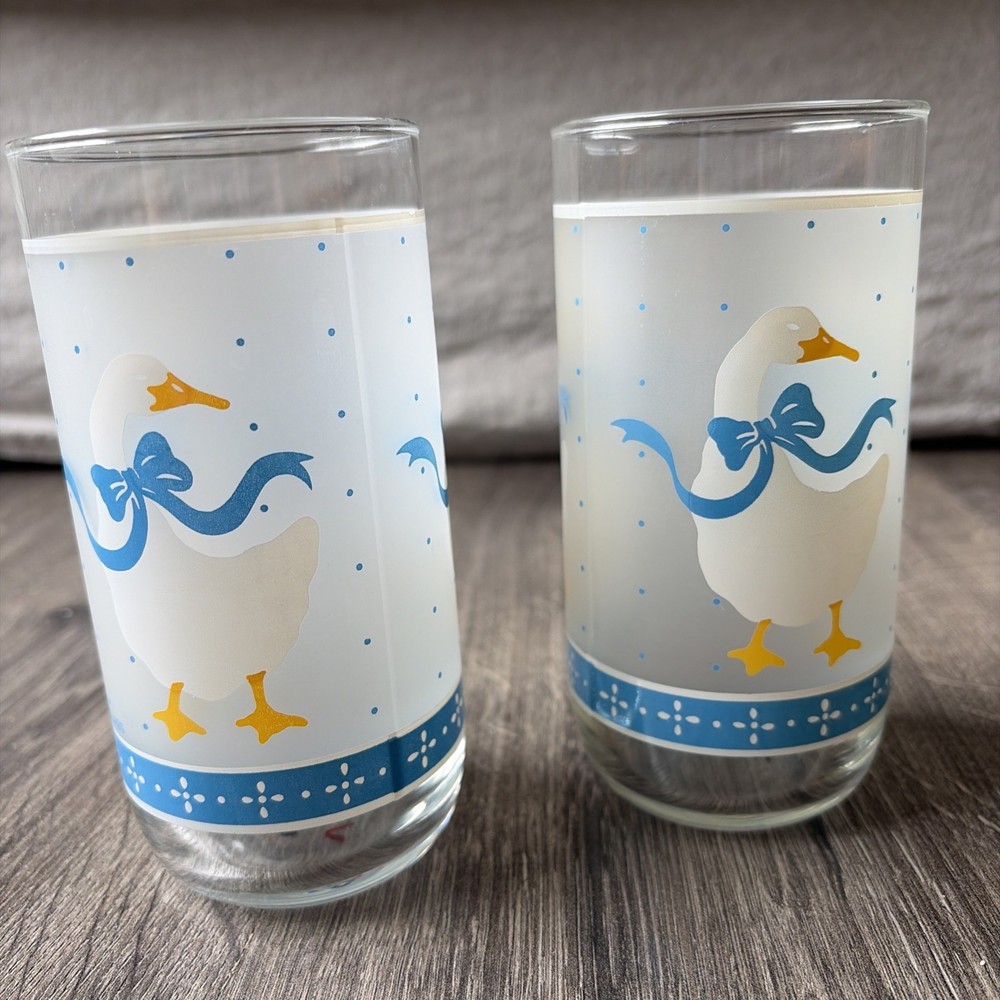 Vintage Libbey Drinking Glasses Country Goose Geese Duck Blue Ribbon Set Of 2