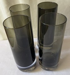 4 VINTAGE MCM 1960’S KAJ FRANCK FINNISH DESIGN HEAVY TALL GLASSES, SMOKEY GREEN