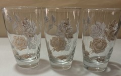 3 Vintage Libbey White Rose Gold Bow Gold Rim Glasses 5 1/4″
