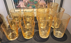 Hand Blown Mexican Bubble Seeded Amber Glasses Set 12 (6@18 oz & 6@12 oz)