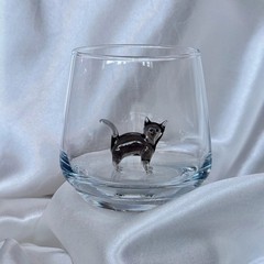 3D Drinking Glass Cup with Handmade Blown Glass Cat Figurine Inside, Stemless