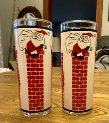 (2) Libbey Santa Claus Chimney Christmas Glass Tumblers Tom Collins Mid Century