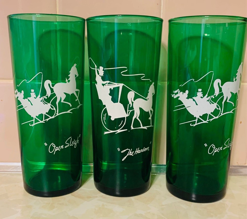 (3) VINTAGE ANCHOR HOCKING FOREST GREEN OPEN SLEIGH GLASS TUMBLERS