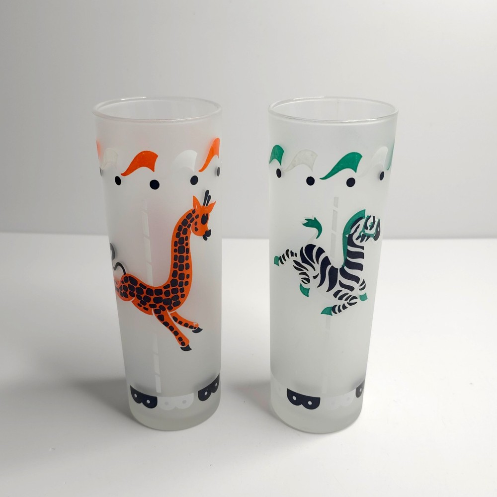 VTG Libbey Carousel Animal Zebra Giraffe Frosted MCM Highball Glass Tom Collins