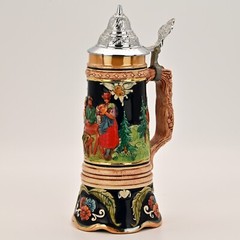 DBGM Original Vintage Signed German Ceramic Painted Glazed Pewter Lid Beer Stein