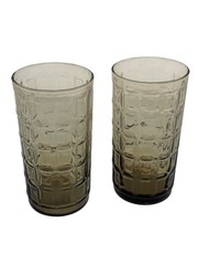 Vintage Anchor Hocking Smoke Glasses Tartan Cube Waffle Block MCM Set of 2 5″