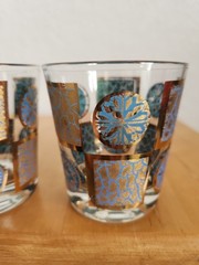 Vintage Culver Carnival Turquoise Gold Geometric Medallion Rocks Glasses 2